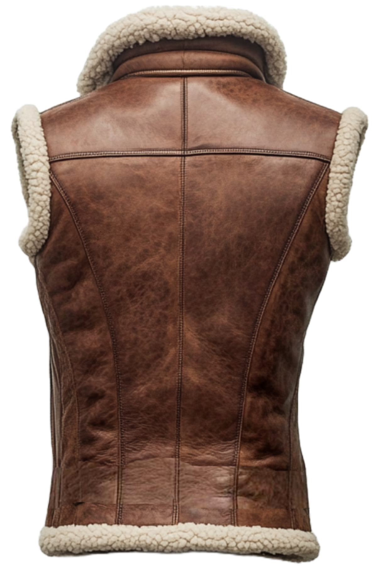 Brown leather vest with white fur lining 