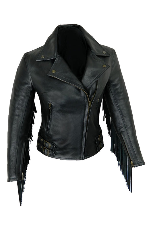 Black leather jacket with fringe details 
