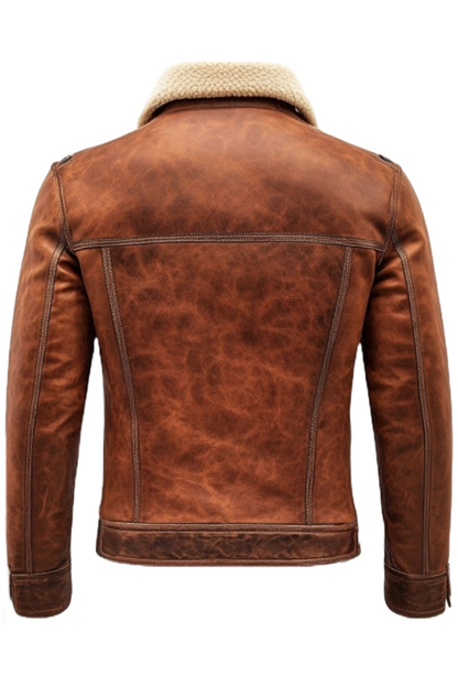 Brown leather jacket with shearling collar