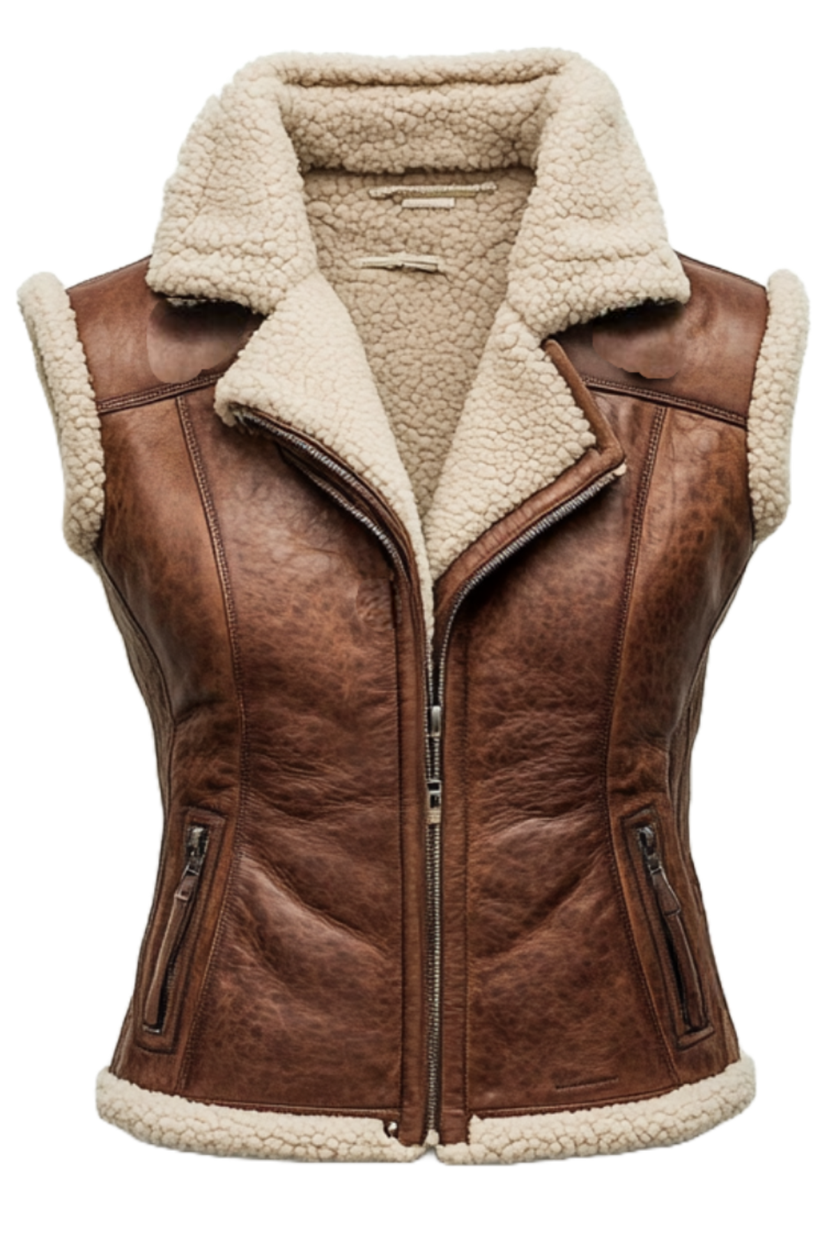 Brown leather vest with beige sherpa lining 