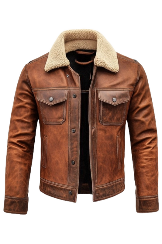 Brown leather jacket with shearling collar 