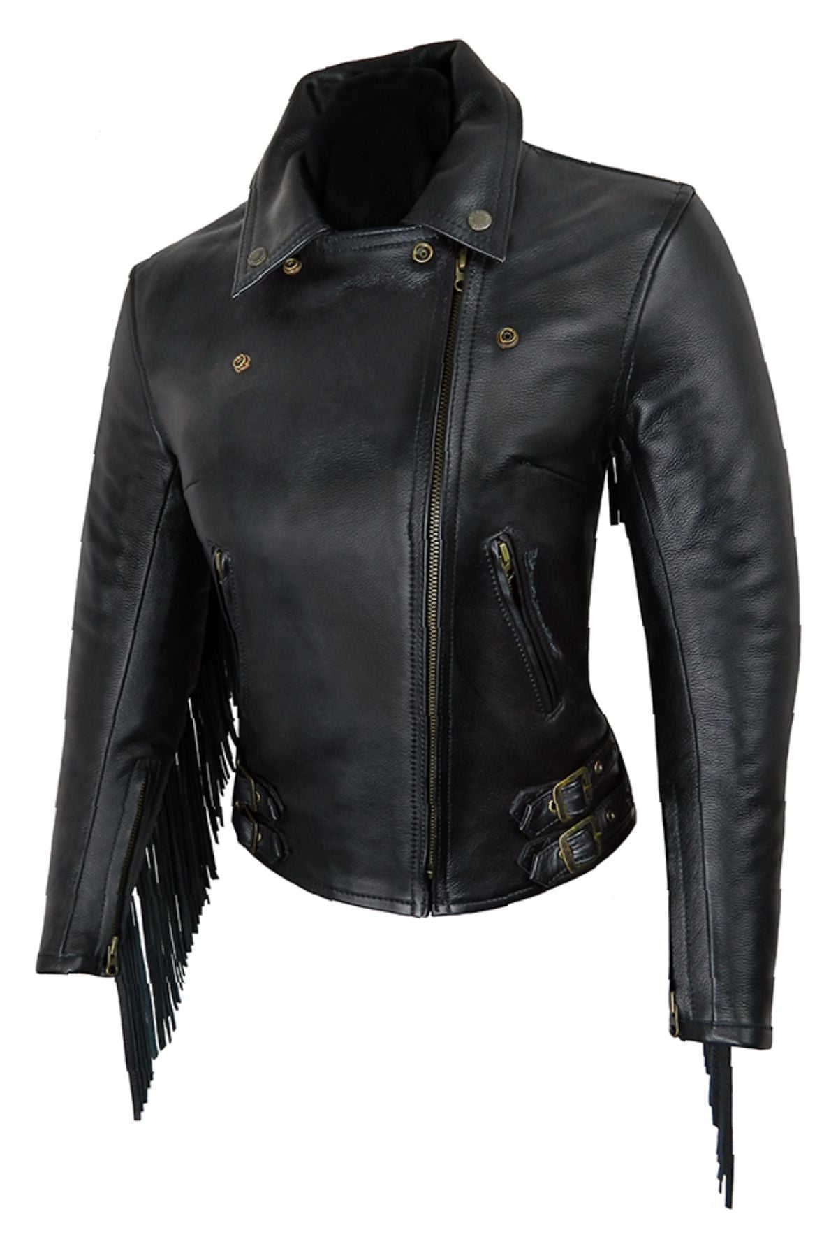 Black leather jacket with fringe details 