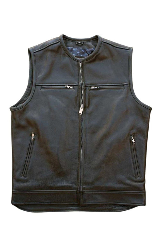 Black leather vest with zippers on a white background