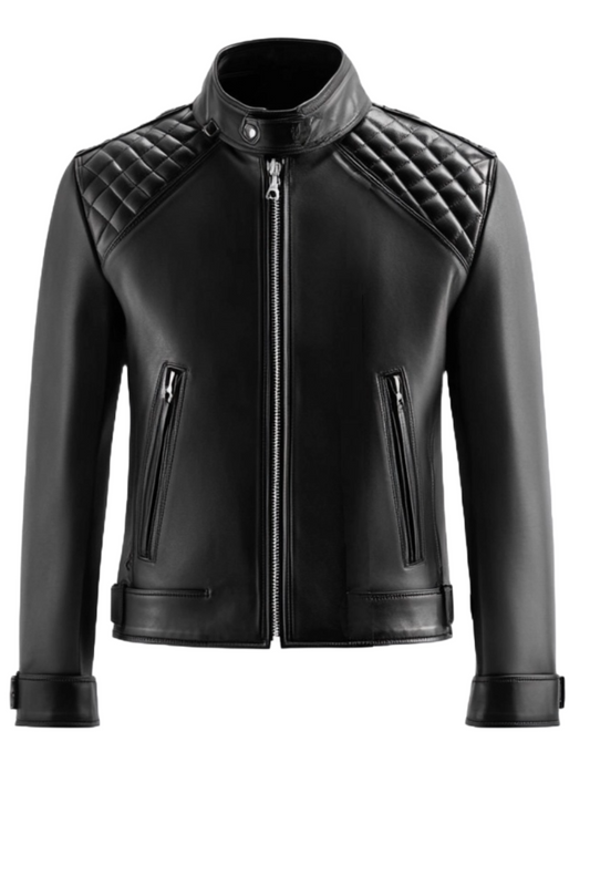 Black leather jacket with quilted shoulder design 