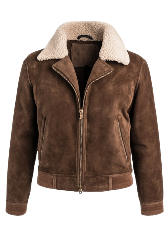 Brown suede jacket with white fur lining