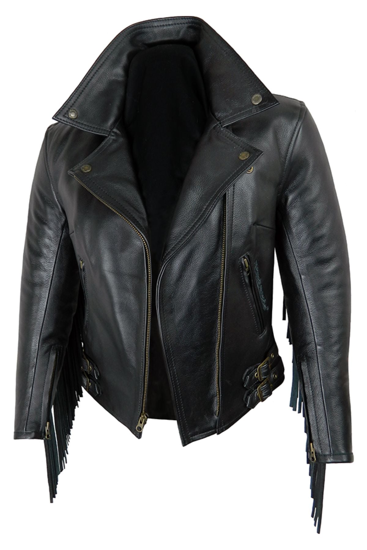 Black leather jacket with fringe details 
