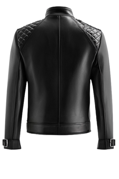 Black leather jacket with quilted shoulder panels 