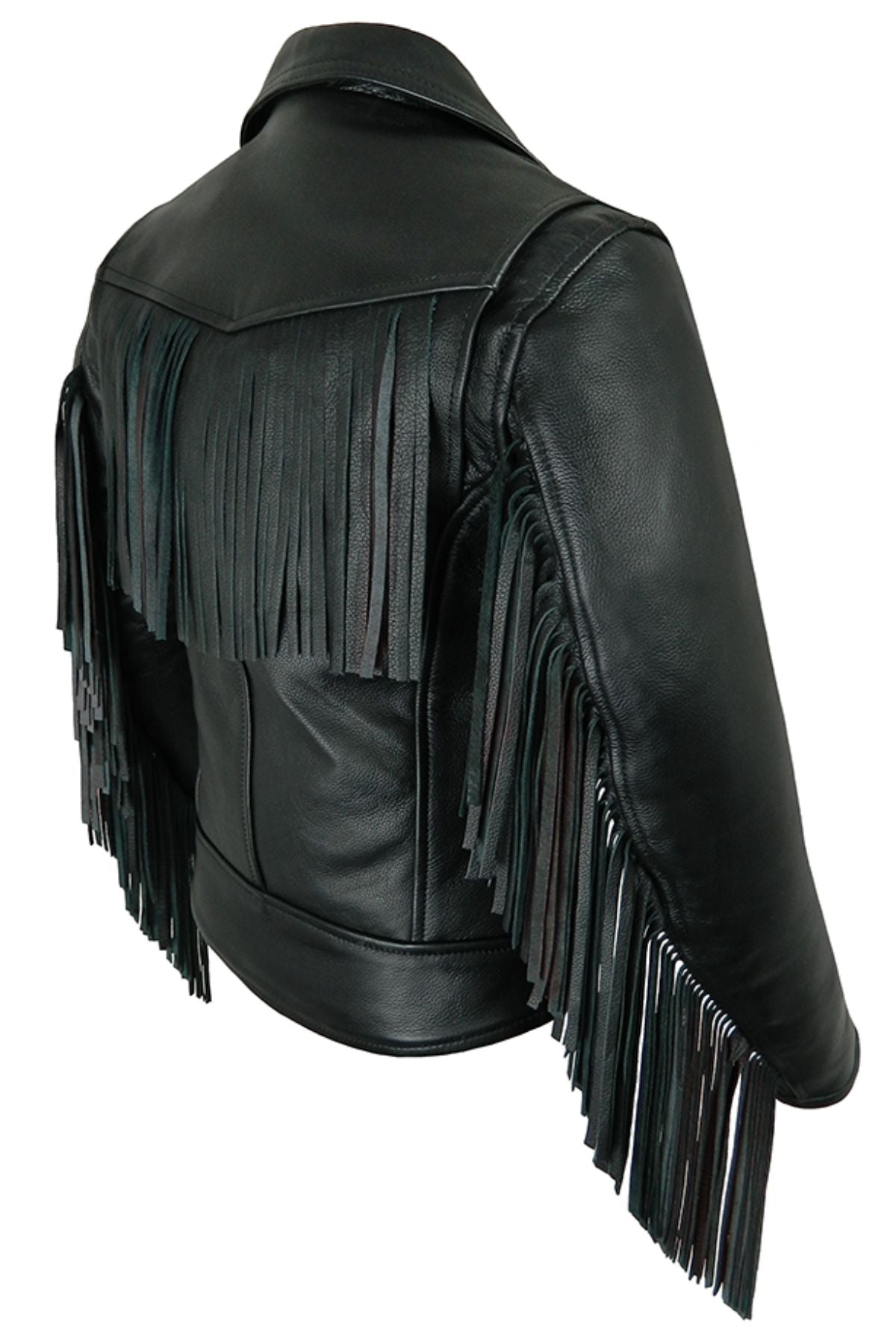 Black leather jacket with fringe details 