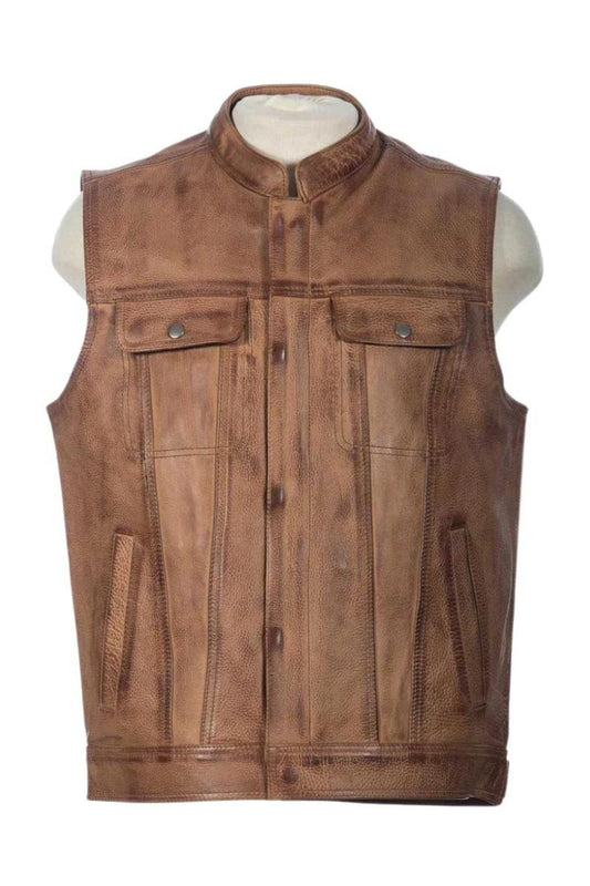Brown leather vest on a mannequin against a white background