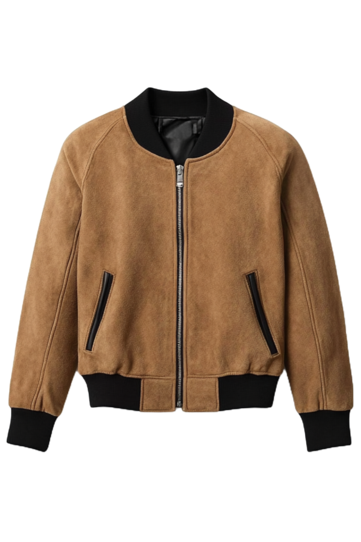 Brown suede jacket with black accents 