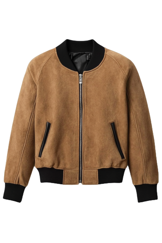 Brown suede jacket with black accents 