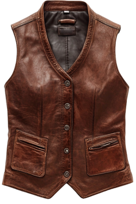 Brown leather vest with button details 