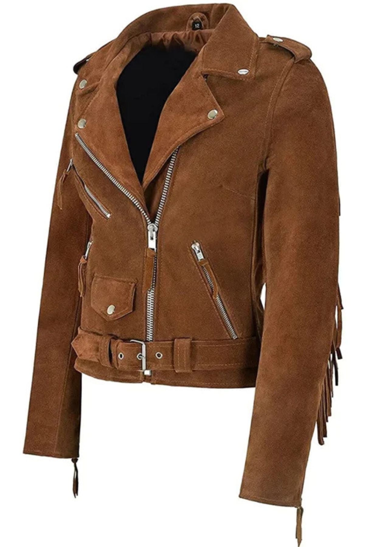 Brown suede jacket with zippers and fringes 