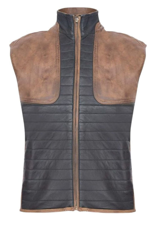 Brown and black quilted vest on a white background