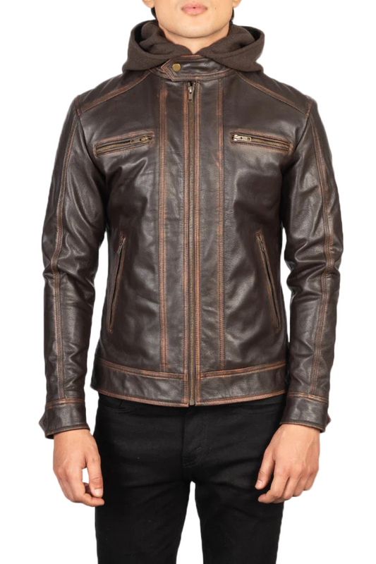 Brown leather jacket with a hood 