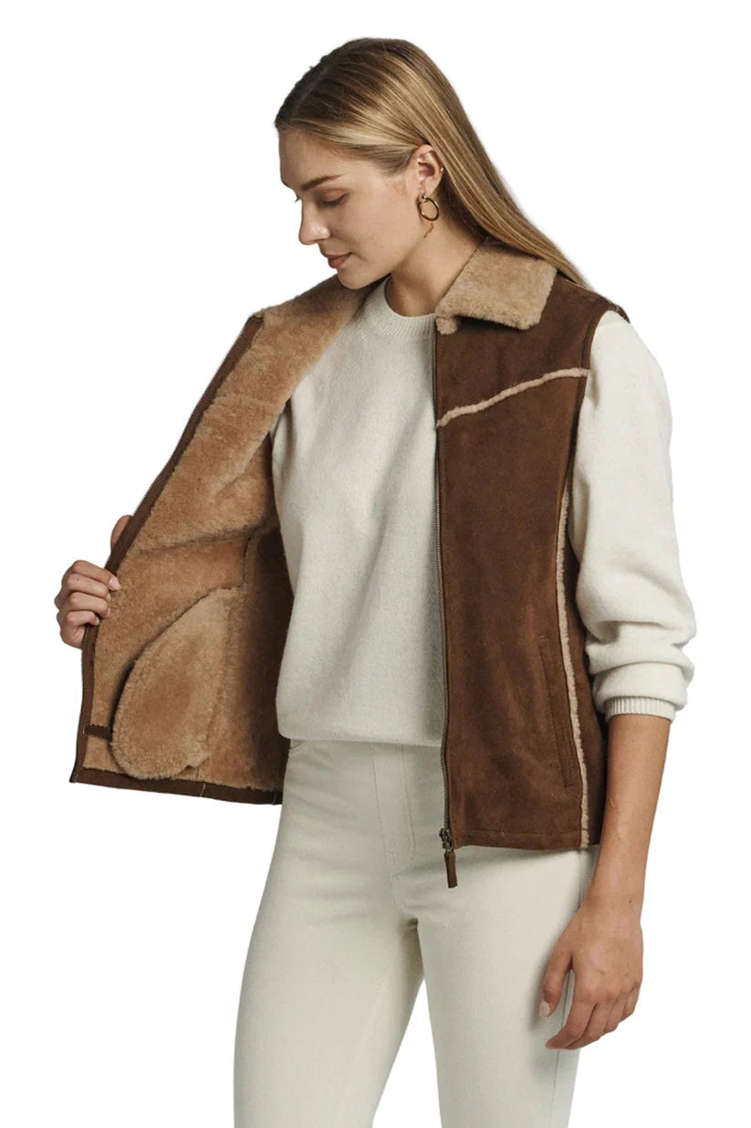 Women's Shearling Lined Brown Suede Vest with Collar fur