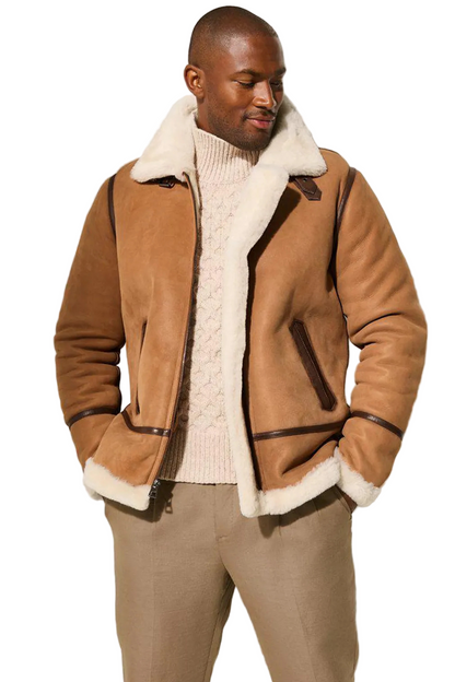 Man wearing a brown shearling jacket with white fur lining 