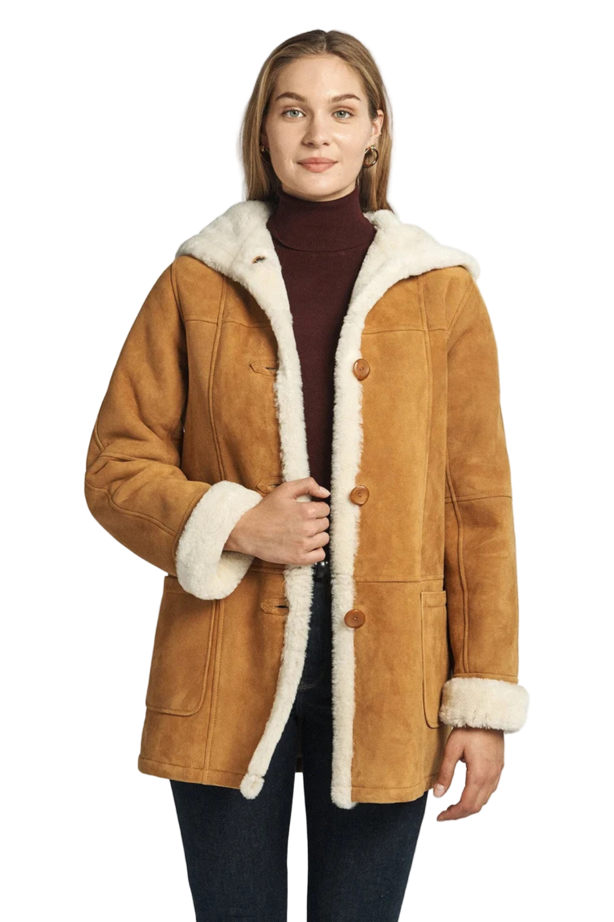 Women’s Shearling Hooded Suede Coat – Camel Brown Winter Jacket with Faux Fur 