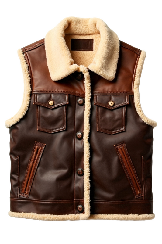 Brown leather vest with beige fur lining 