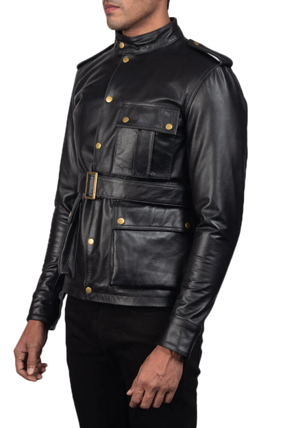 Black leather jacket with gold buttons 