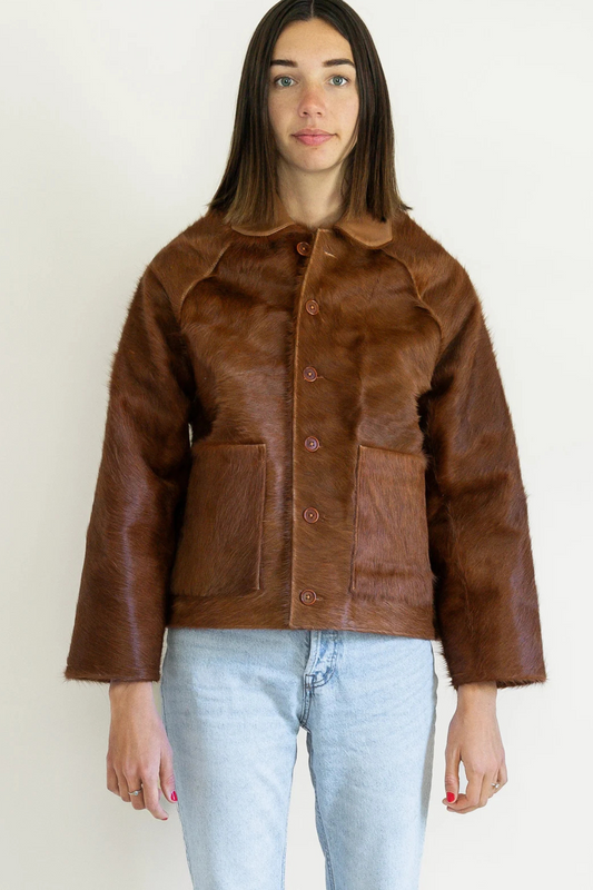 Brown Pony Hair Jacket with Button Front - Women's Statement Outerwear