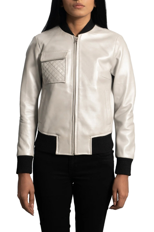 Silver leather jacket with black accents 
