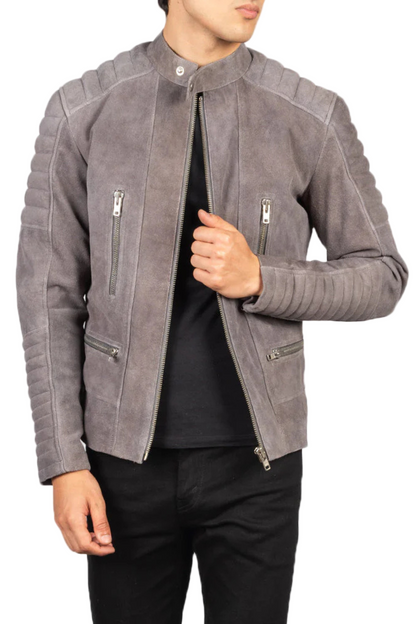 Gray suede jacket with zippers 