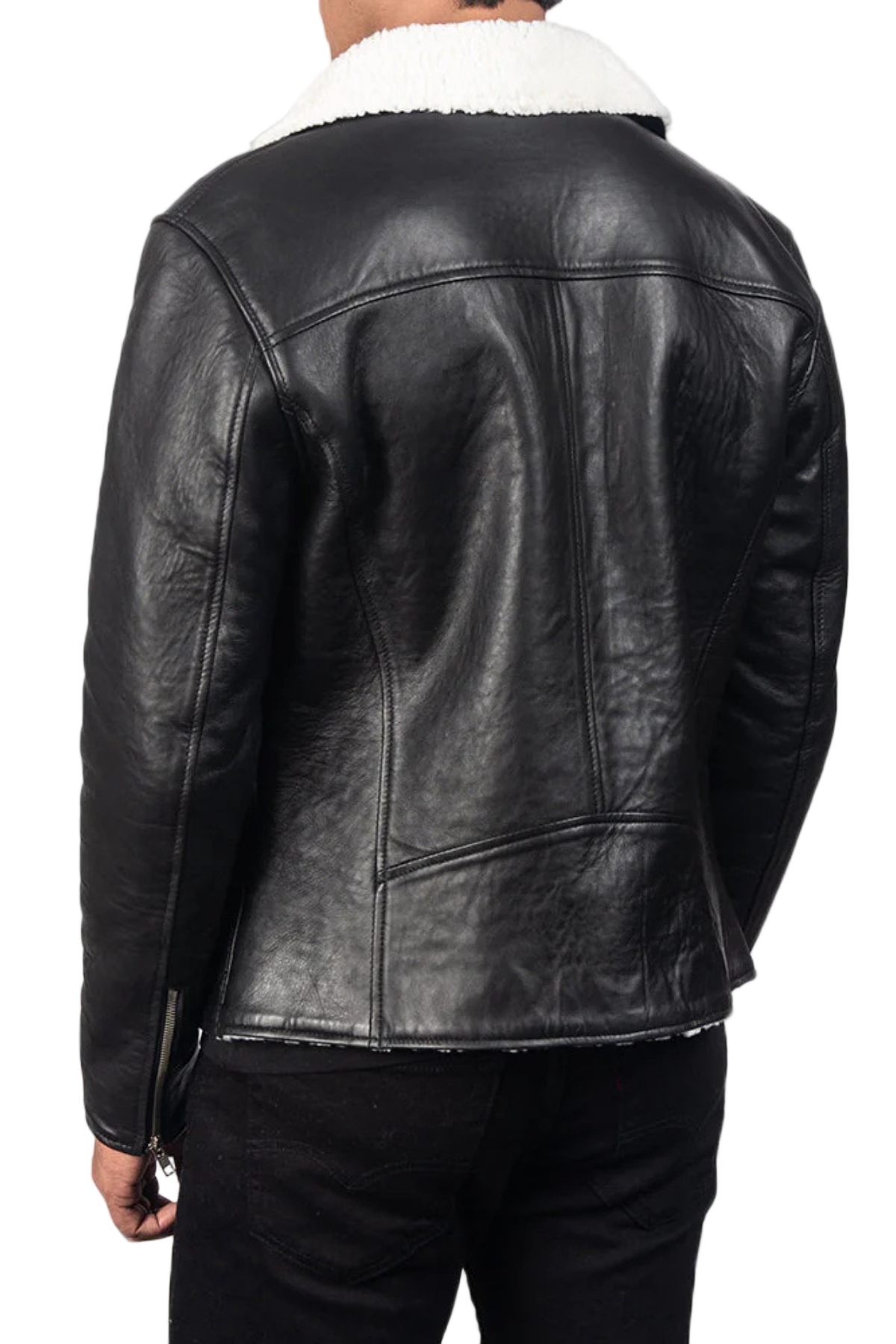 Black leather jacket with white fur lining 