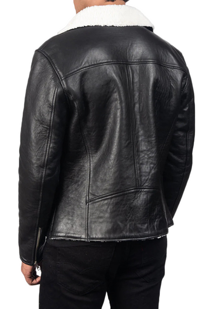 Black leather jacket with white fur lining 