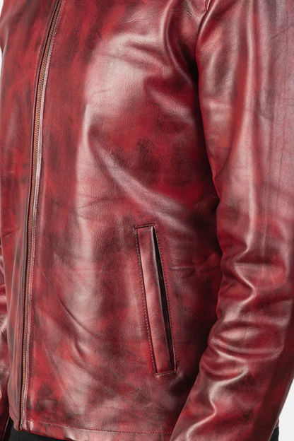 Men's Distressed Burgundy Leather Racer Jacket