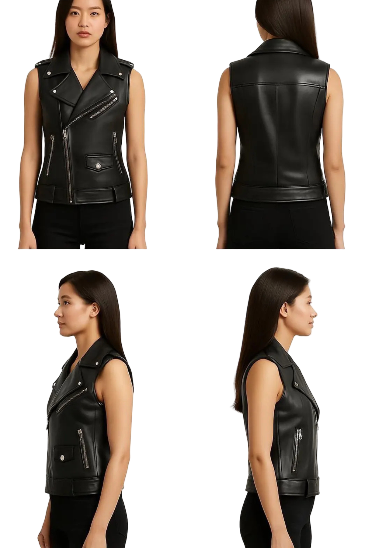 Women's Asymmetrical Black Leather Biker Vest - Premium Cowhide