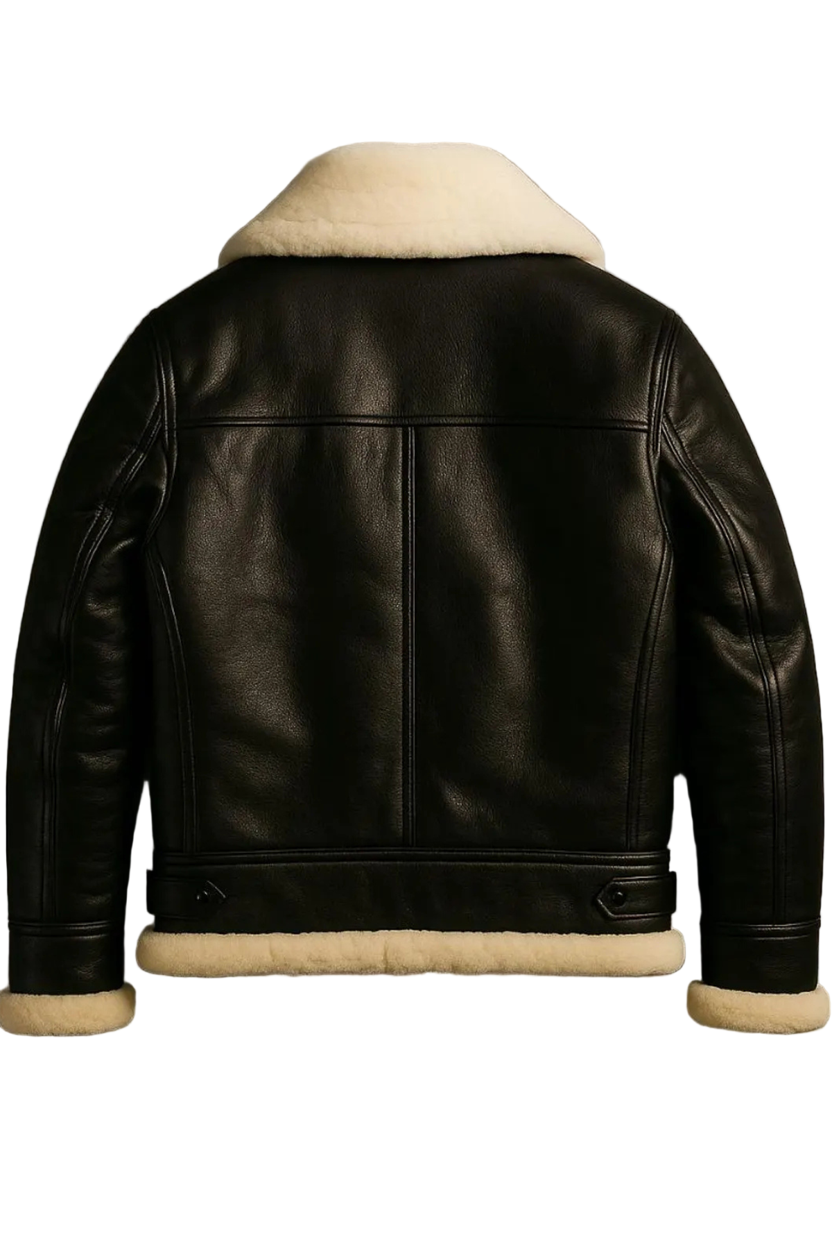 Black leather jacket with white fur lining 