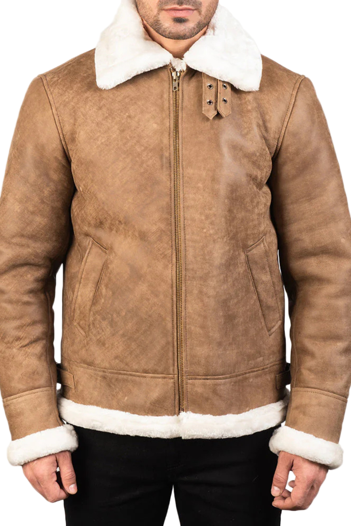 Brown leather jacket with white fur lining 