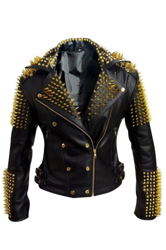 Women’s Black Leather Studded & Spiked Biker Jacket – Gold Punk Rock Motorcycle Style