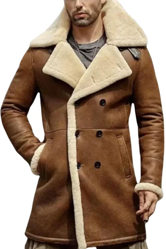 Brown leather coat with white fur lining 