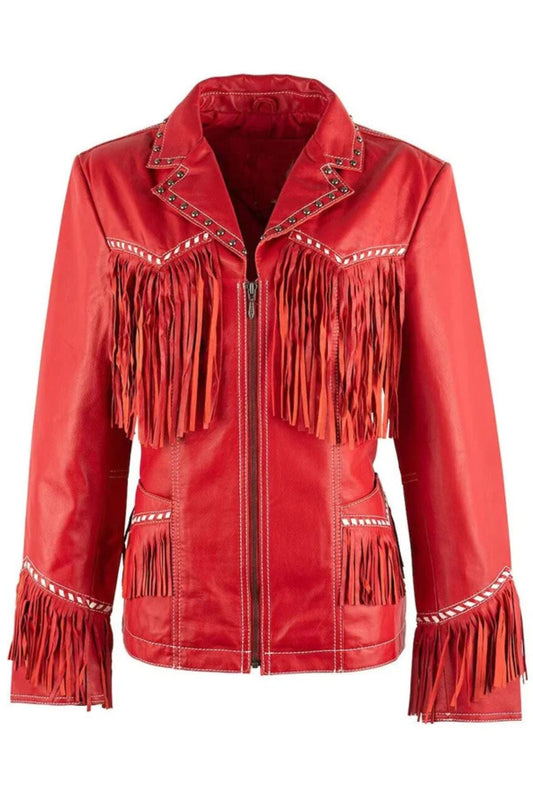 Women's Red Western Leather Jacket with Fringe