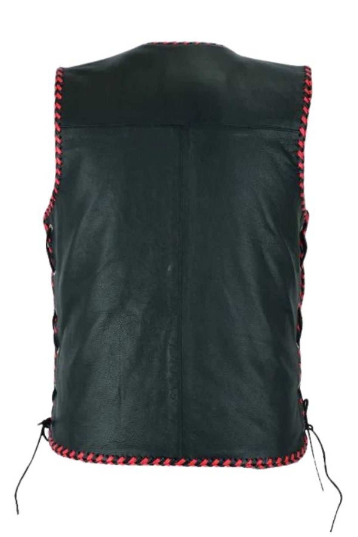 Black leather vest with red stitching on a white background