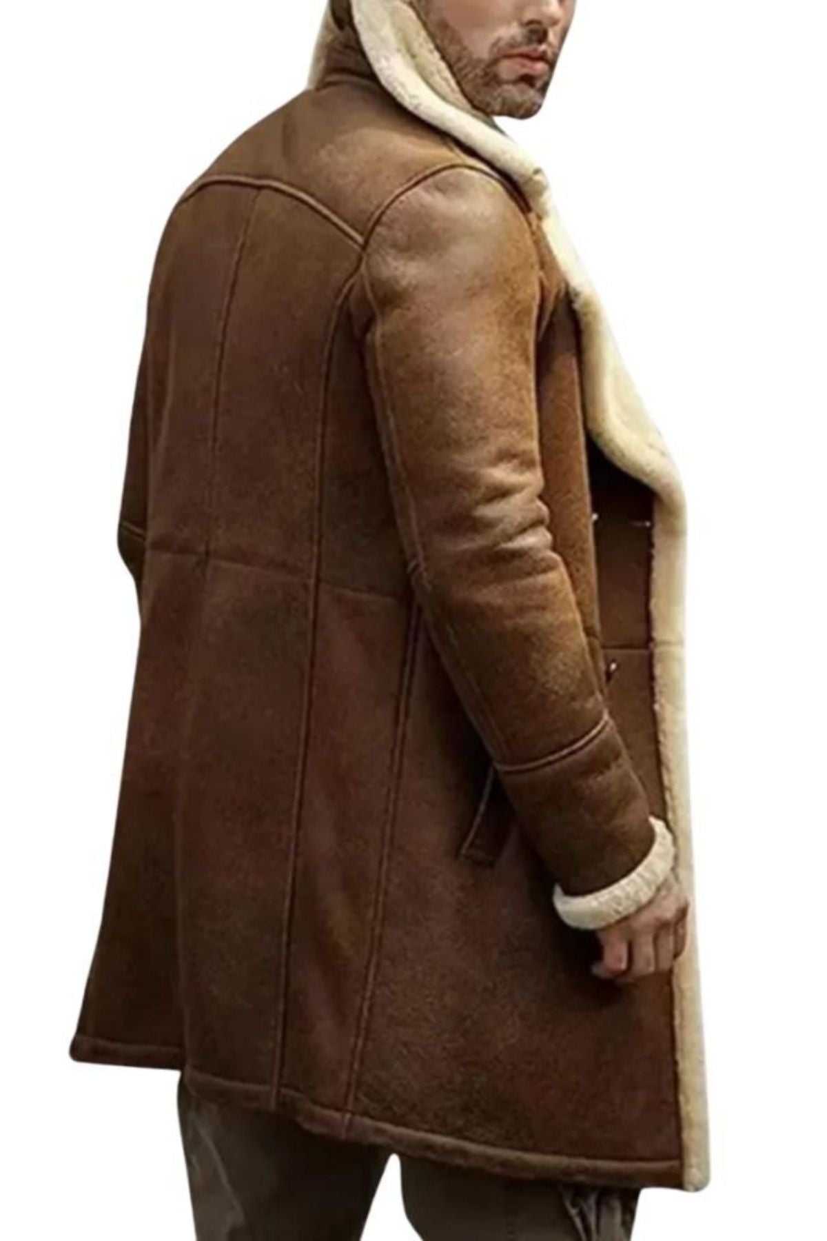 Brown shearling coat with white fur lining 