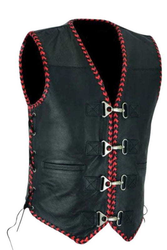 Black leather vest with red stitching on a white background
