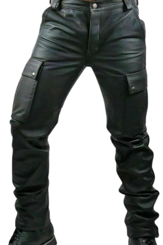 Black leather pants with multiple pockets on a white background