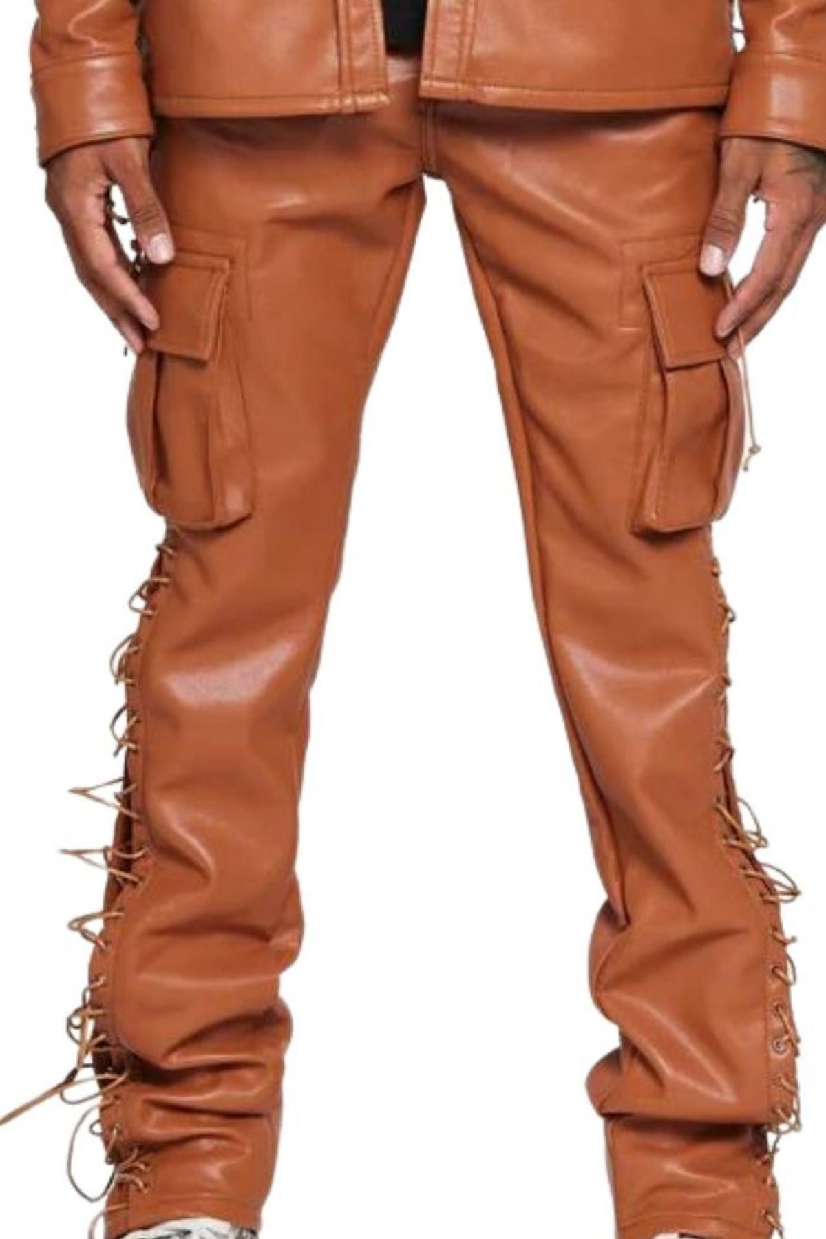 Brown leather pants with fringe.