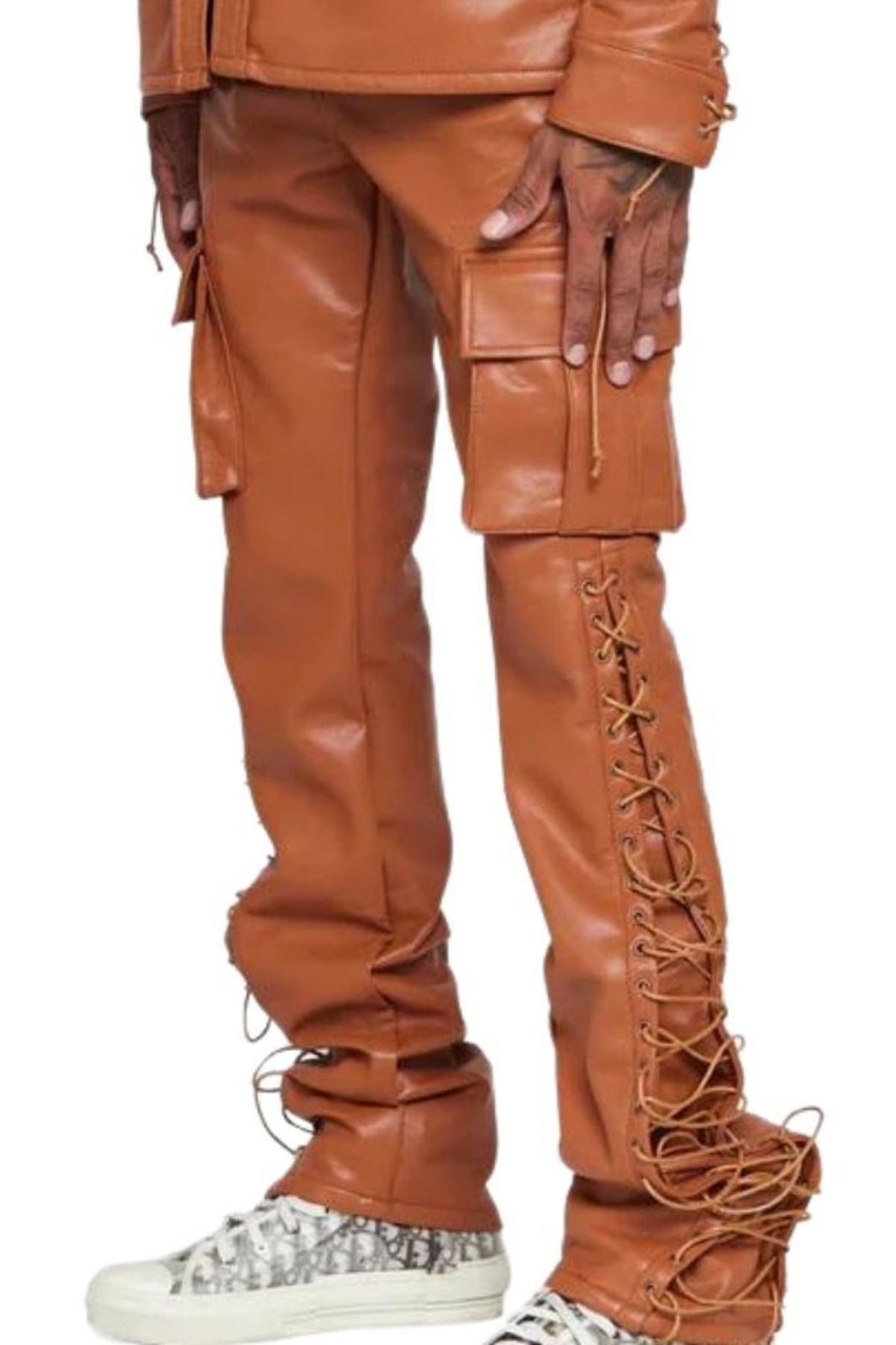 Brown leather pants with lace-up design.
