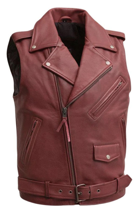 Maroon leather vest with zippers and a belt on a white background