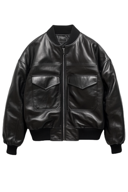 Black leather bomber jacket 