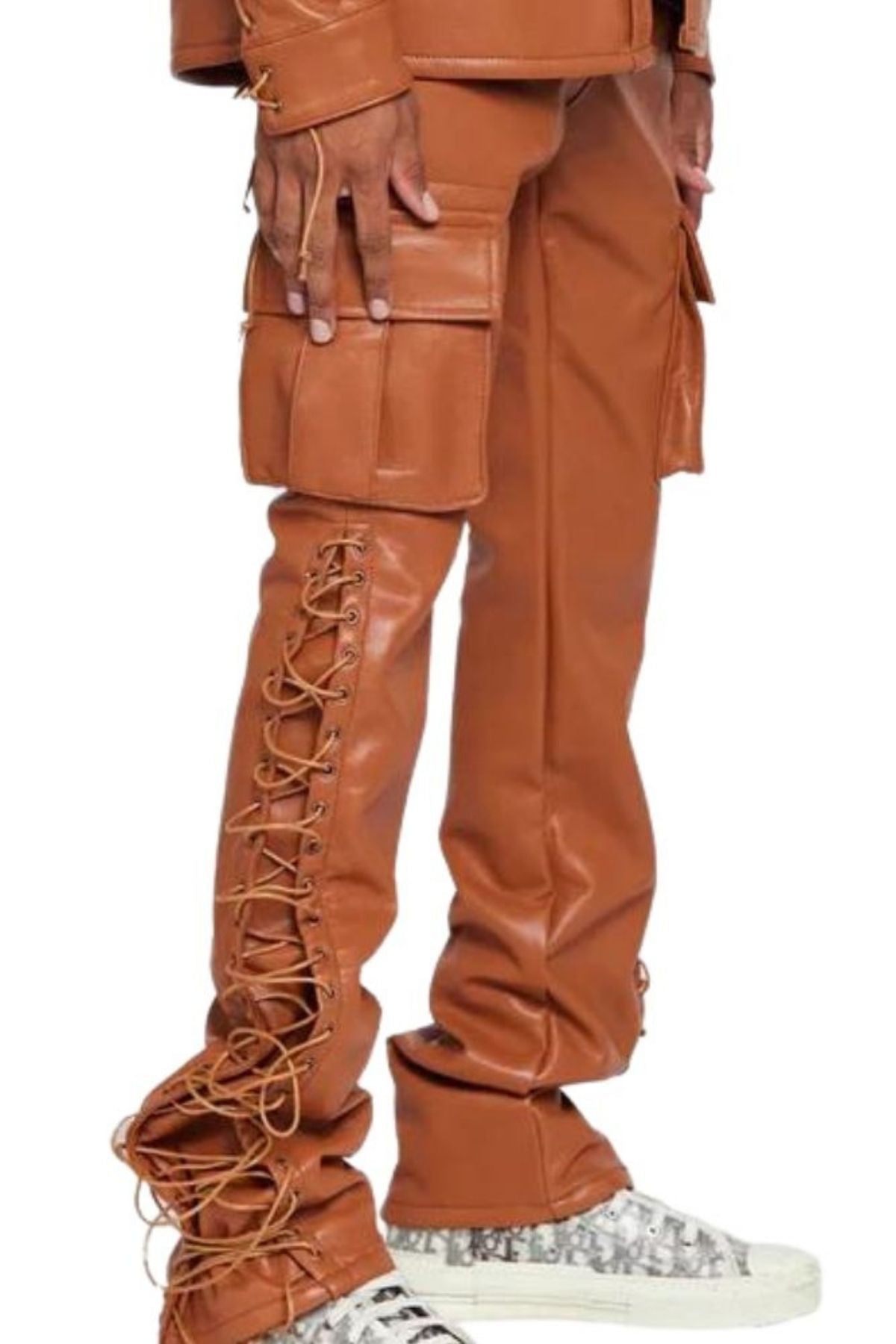 Brown leather outfit with lace-up design 