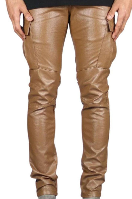 Tan leather pants on a white background