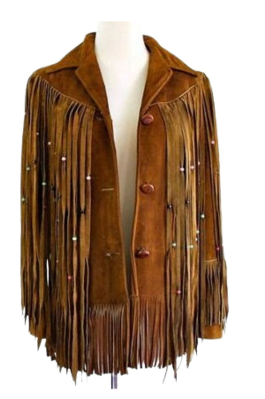 Women's Vintage-Inspired Brown Suede Beaded Fringe Jacket