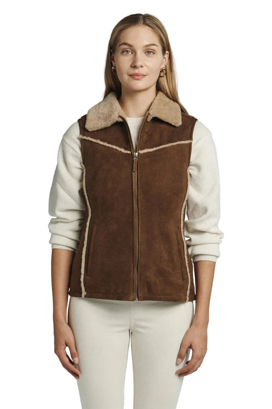 Women's Shearling Lined Brown Suede Vest with Collar fur