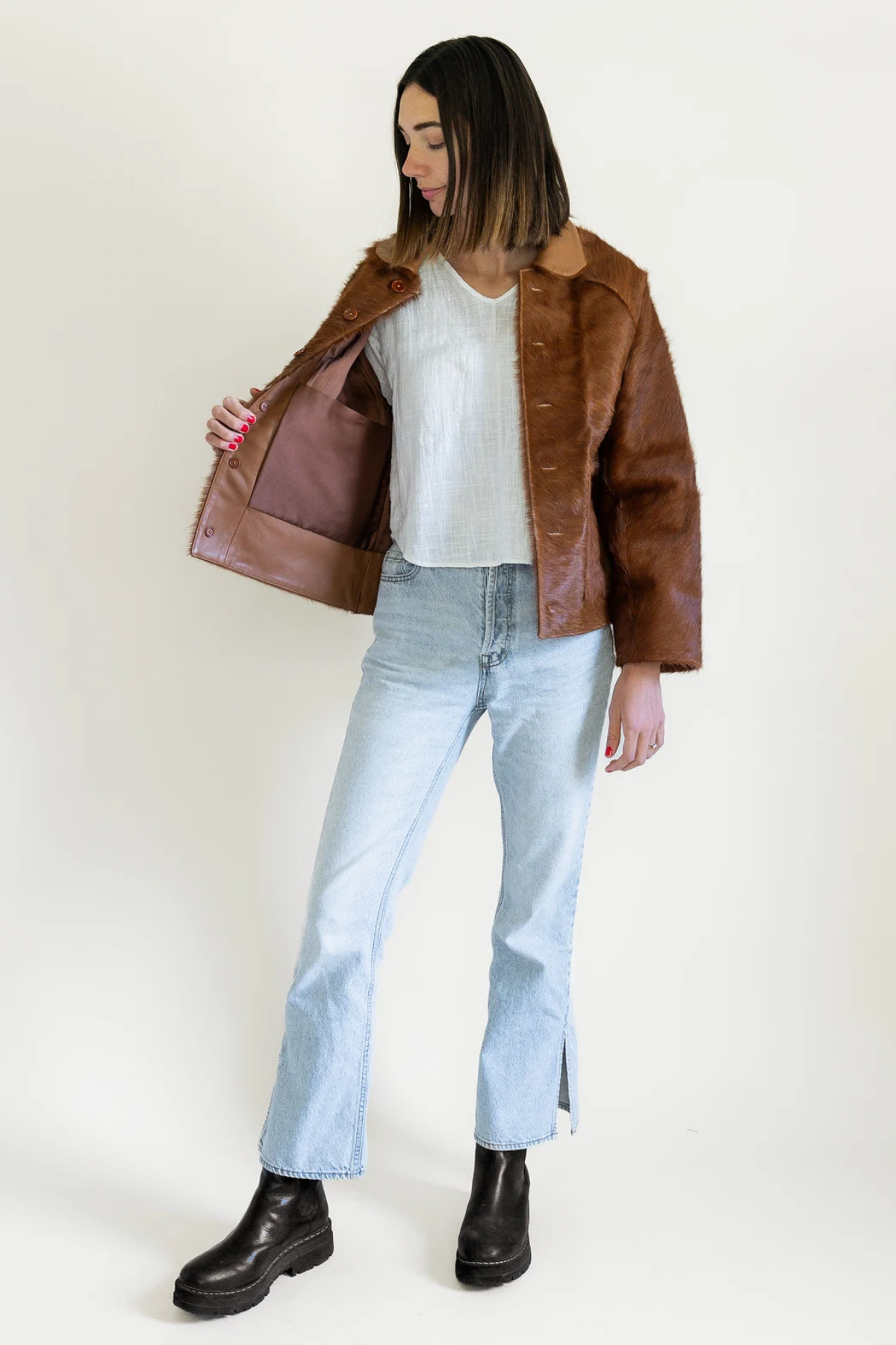 Brown Pony Hair Jacket with Button Front - Women's Statement Outerwear