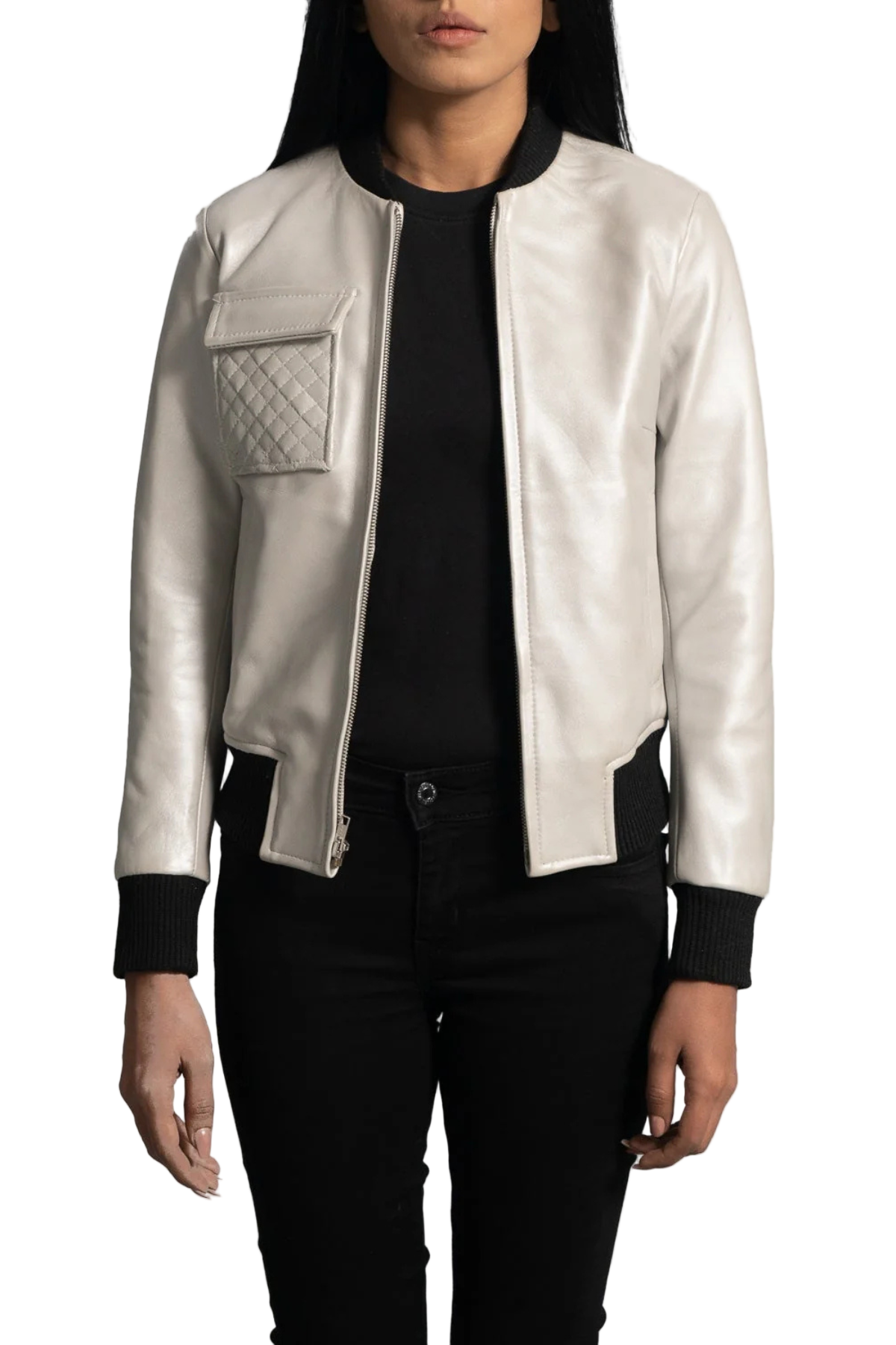Person wearing a silver leather jacket 